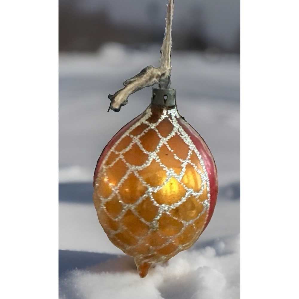 Vintage Poland Glass Ornament Gold Red Glitter Teardrop 4"